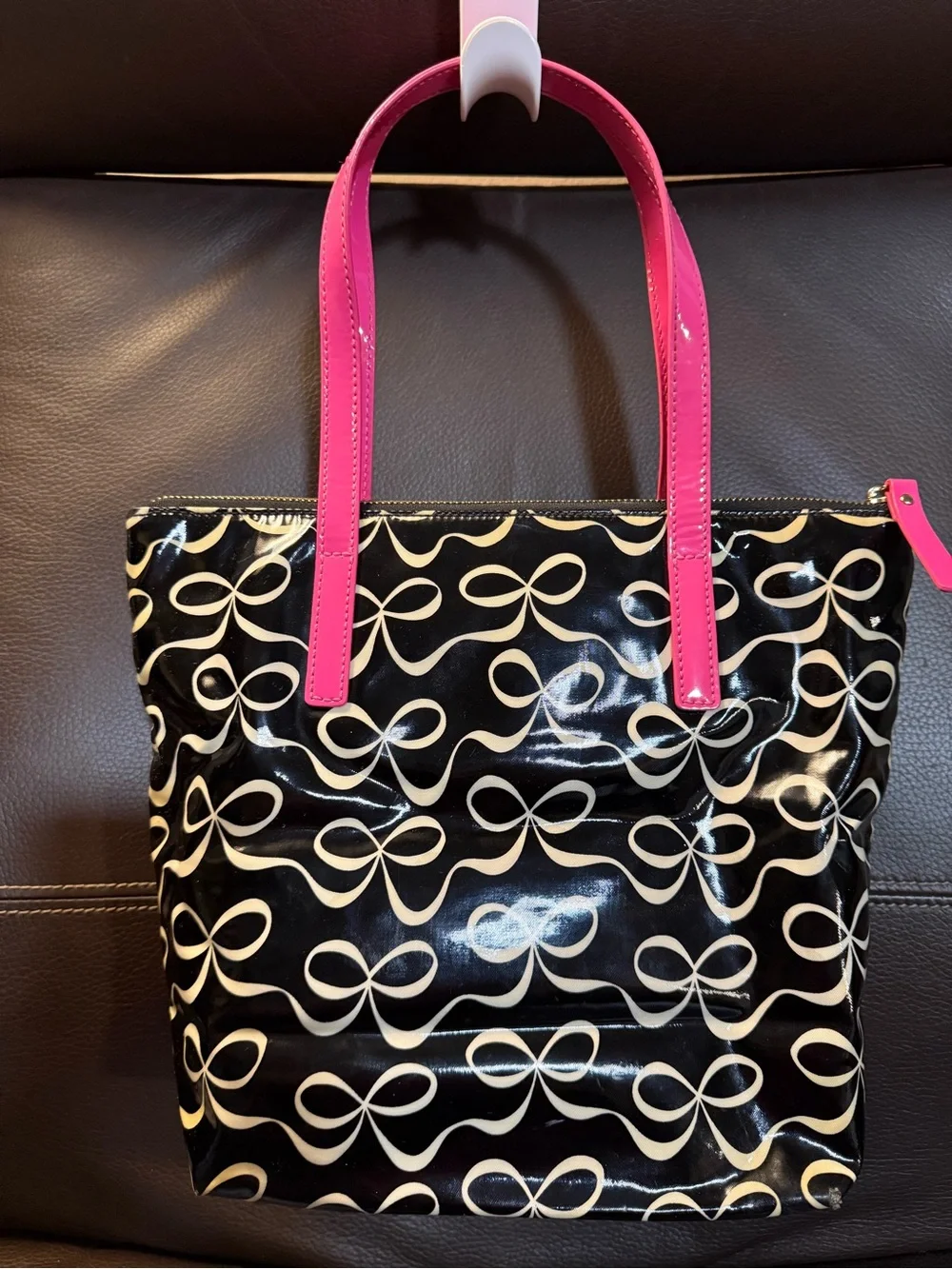 kate spade Black Tote with Cream Bow Print and Pink Handles